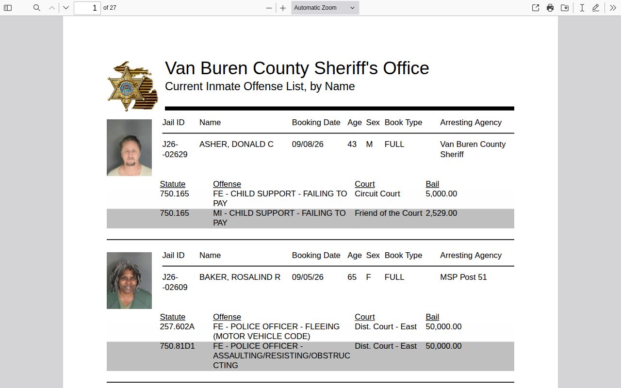 Official Van Buren County inmate roster PDF viewer
