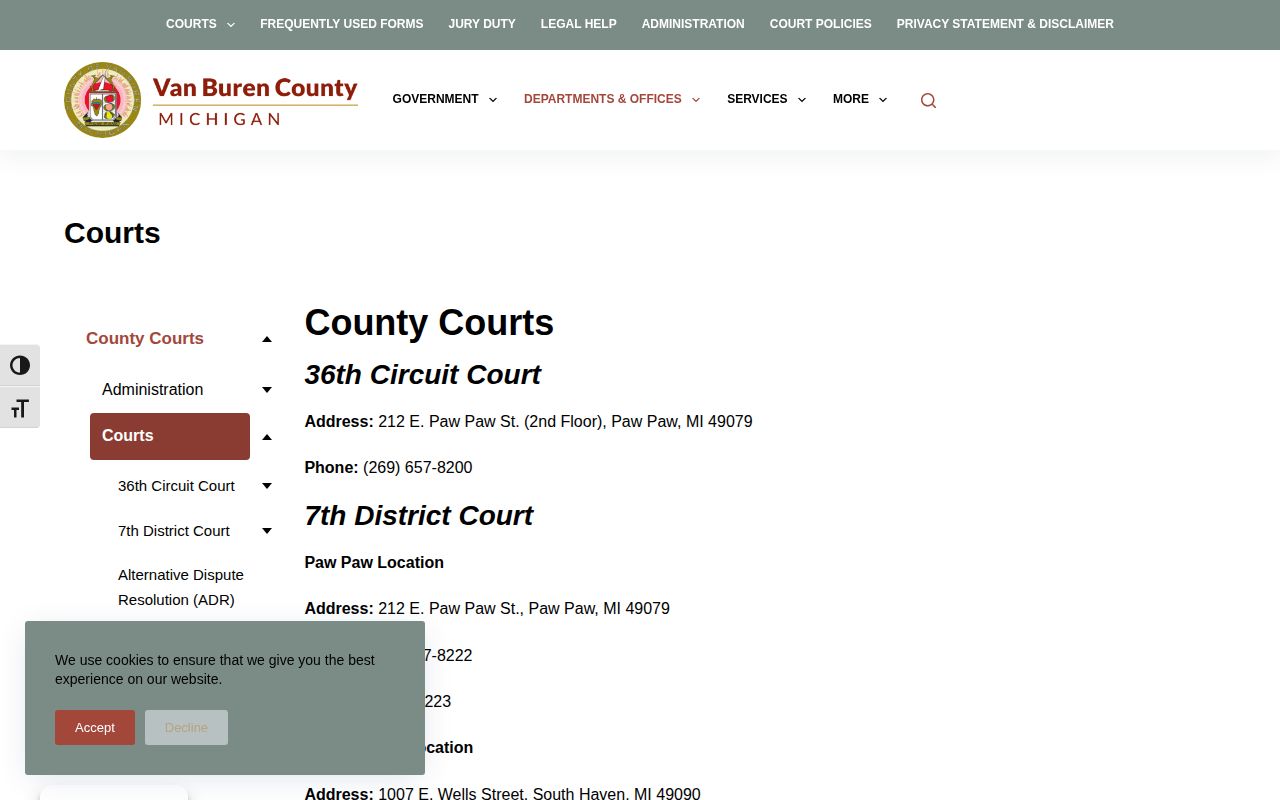 Van Buren County courts page showing District and Circuit Court