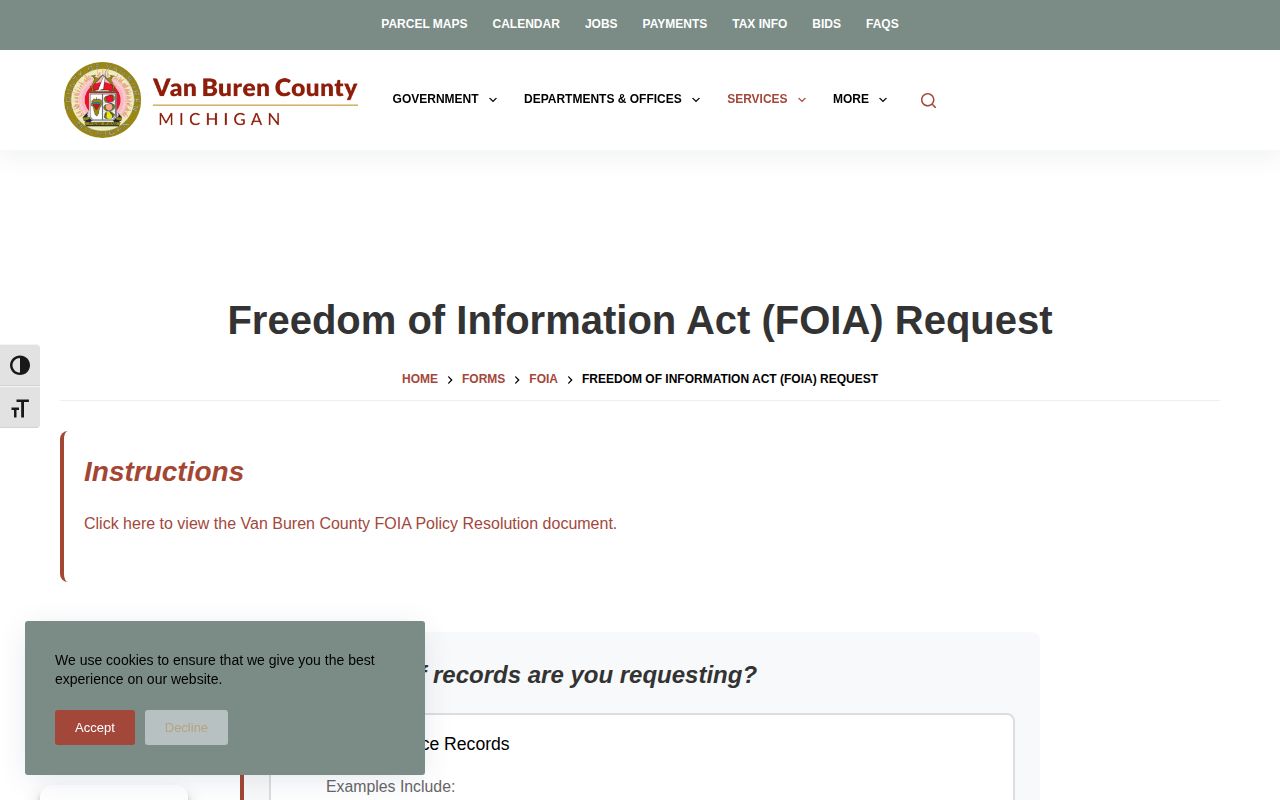 Van Buren County Sheriff FOIA form showing arrest booking and jail records